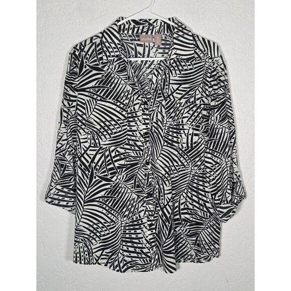 Chicos Top Size 2 (L) Floral Leaf Print Cotton 3/4 Sleeves Button Down Collared - Picture 1 of 6